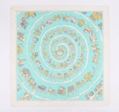 HERMES c.1976 Philippe Ledoux "Carrosserie" Seafoam Carriage Print Silk Scarf