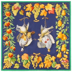 HERMES c.1979 Henri de Linares "Fructidor" Navy Autumn Bird Hunting Silk Scarf