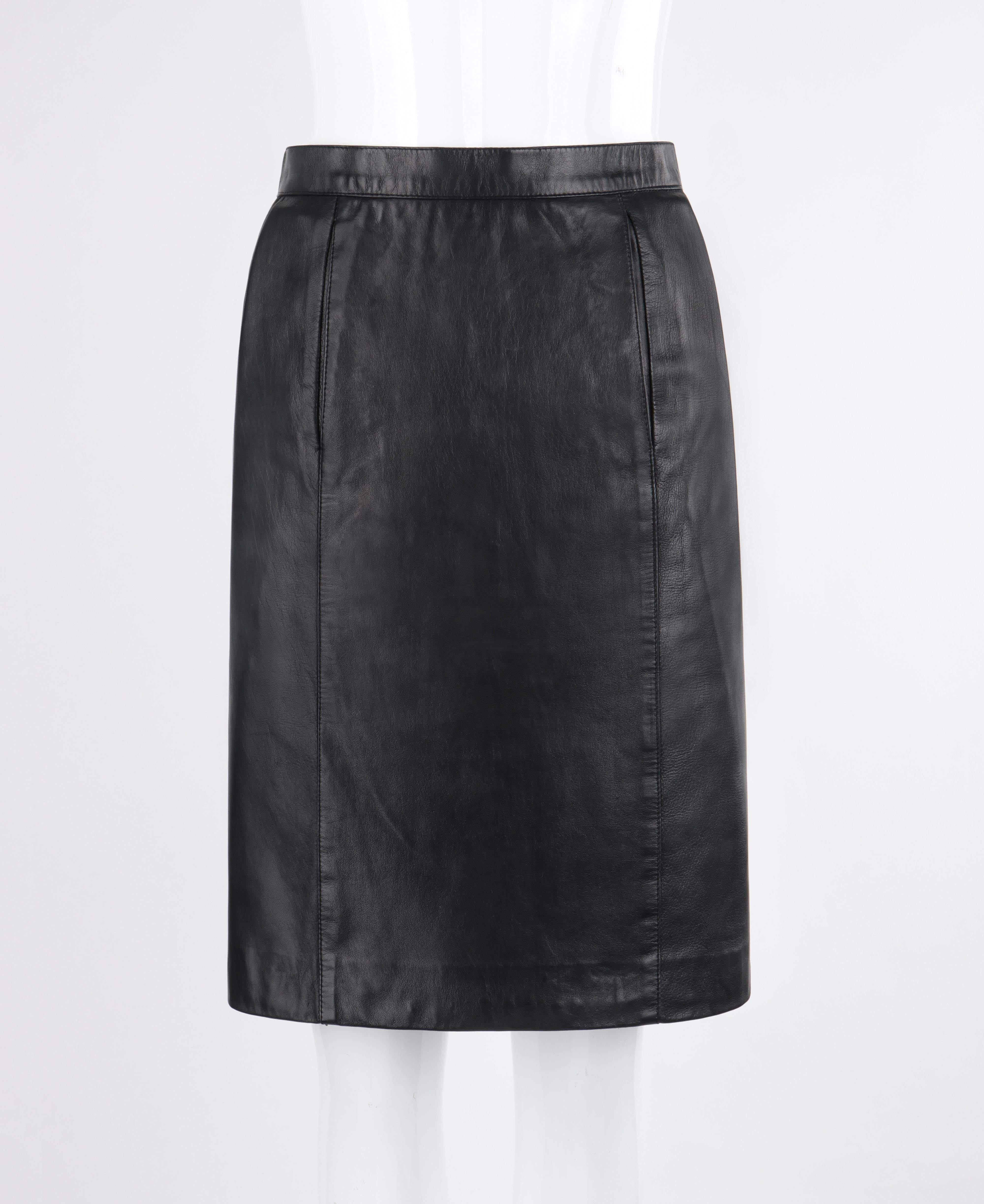 HERMES c.1980's Black Lambskin Leather Pocket Mini Classic Pencil Skirt

Vintage c.1980's Hermes black genuine lambskin leather pencil skirt. Two front open slit pockets that connect/meet all the way through. Gathered/cinched detailing around sides