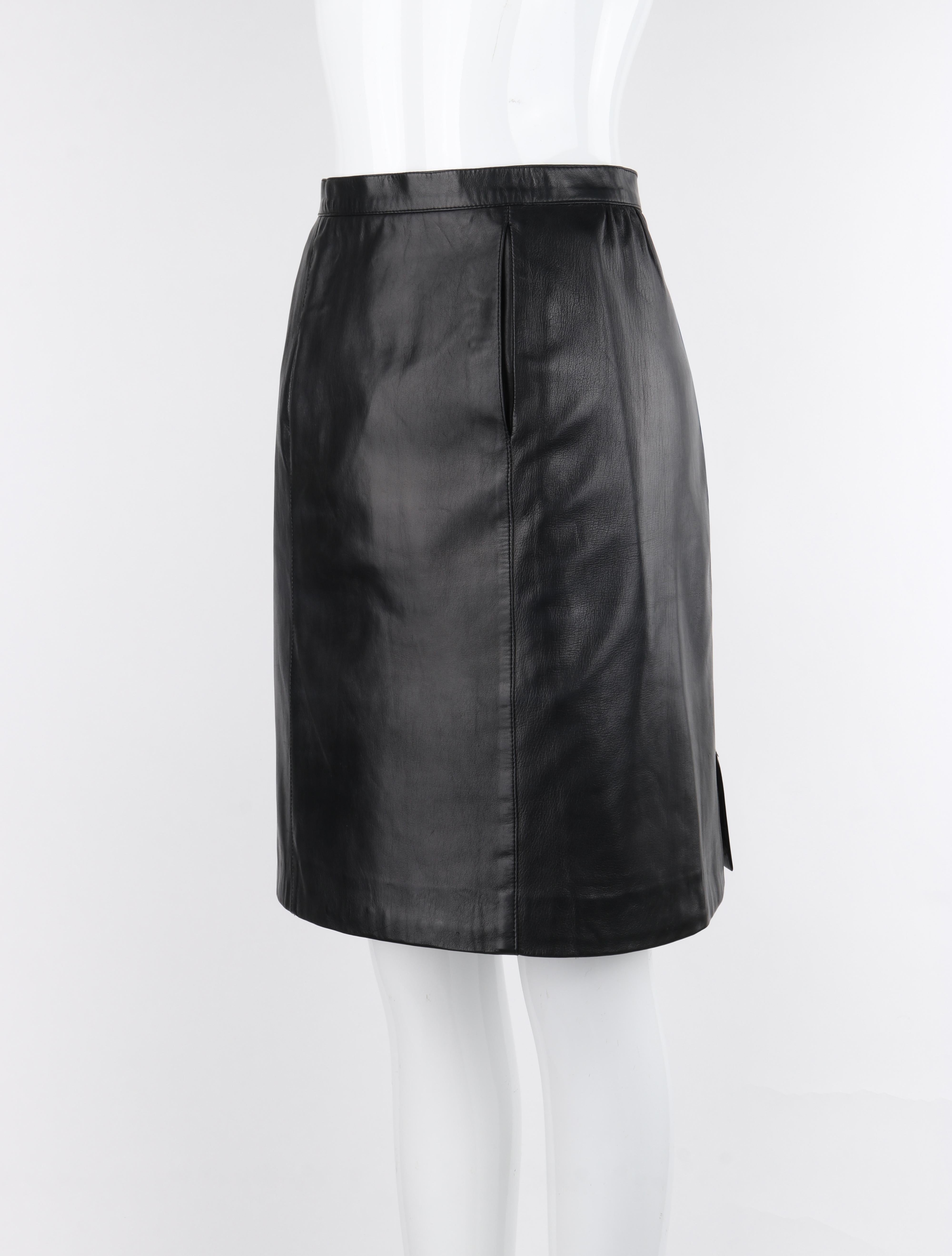 HERMES c.1980's Black Lambskin Leather Pocket Mini Classic Pencil Skirt For Sale 2