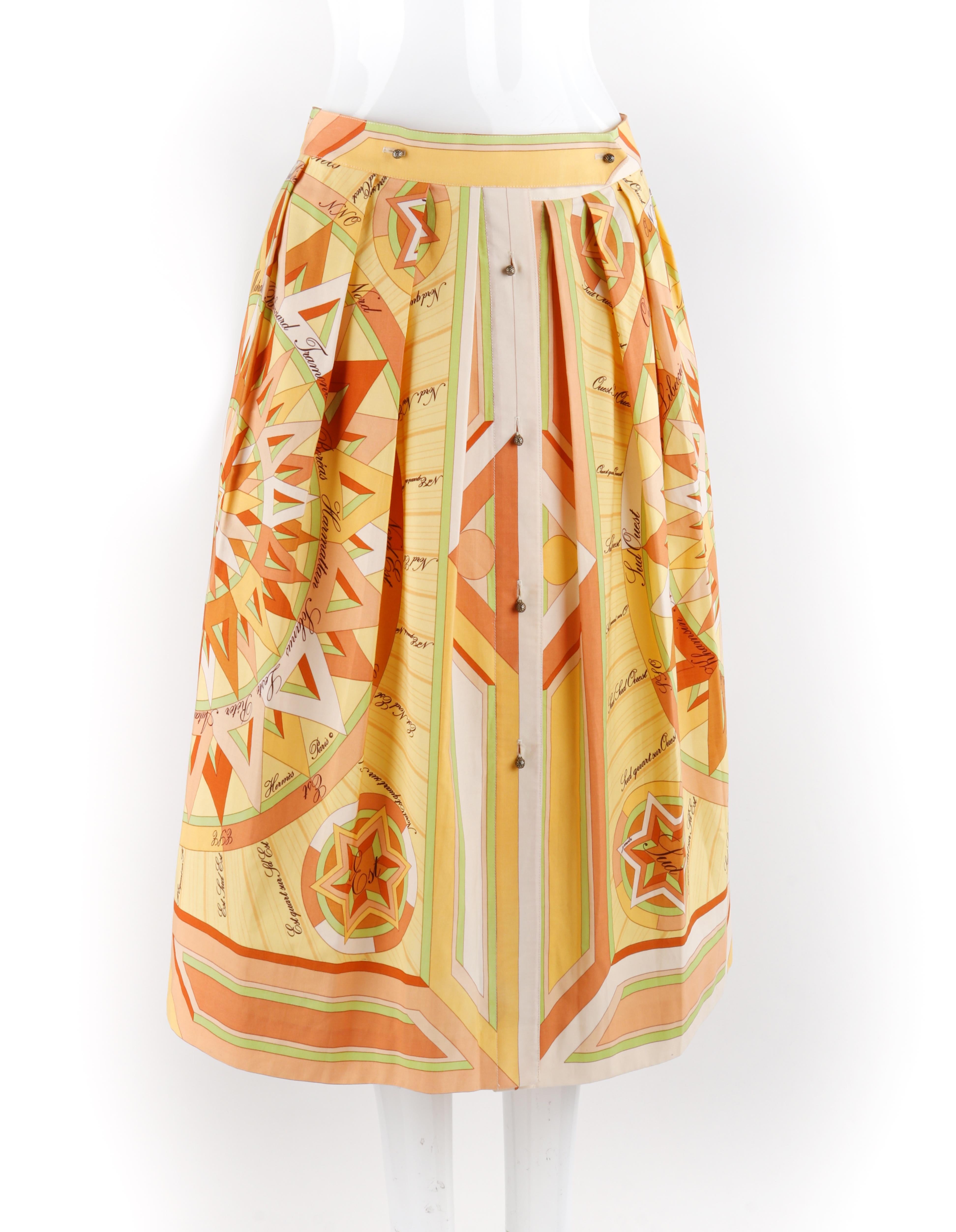 HERMES c.1980's “La Rose des Vents” Yellow Compass Rose Pleated Button-Up Skirt
Circa: 1980’s
Label(s): Hermes Paris
Style: Pleated skirt
Color(s): Shades of yellow, orange, beige, white, peach, green, brown
Lined: No
Marked Fabric Content: “100%