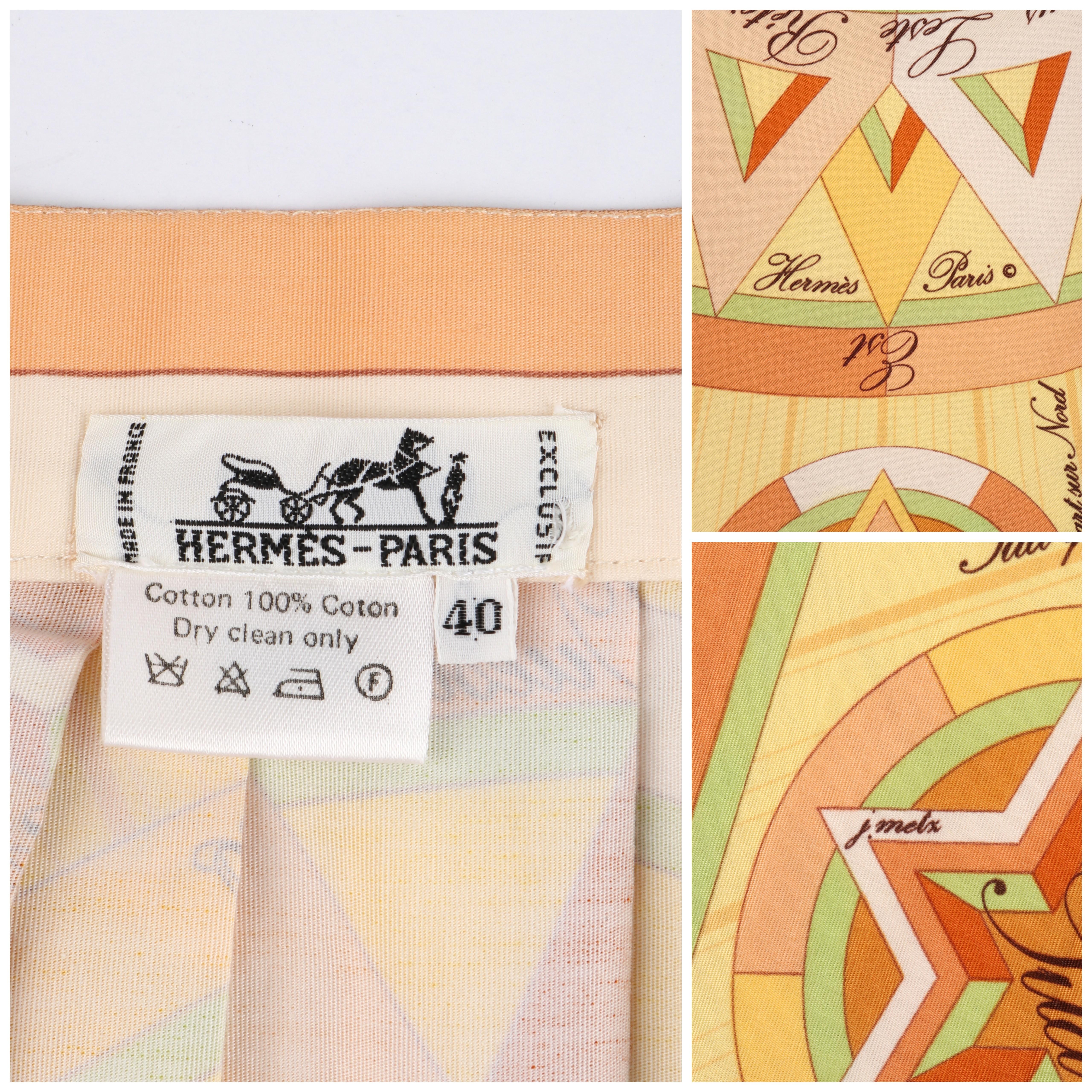 HERMES c.1980's “La Rose des Vents” Yellow Compass Rose Pleated Button-Up Skirt 5
