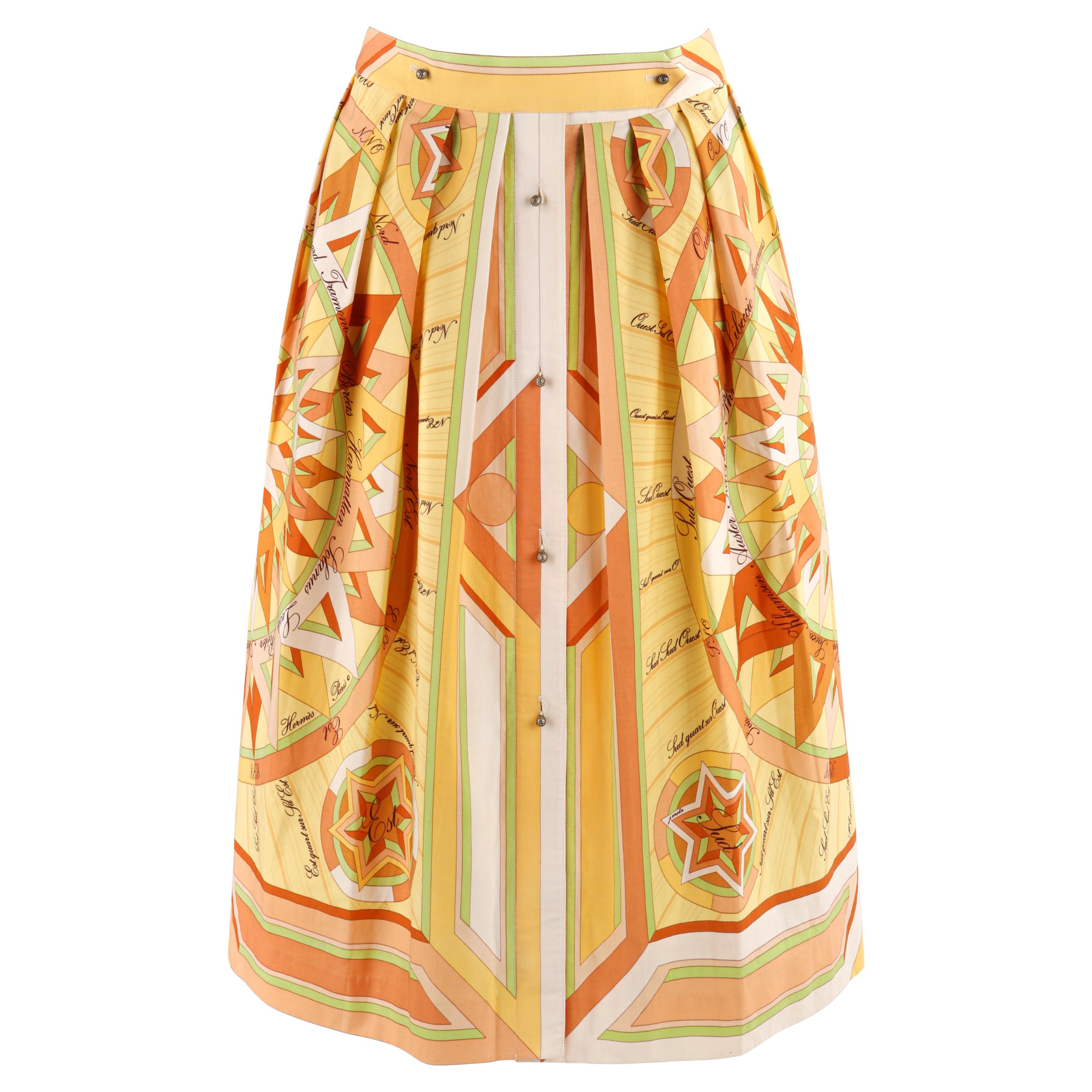 HERMES c.1980's “La Rose des Vents” Yellow Compass Rose Pleated Button-Up Skirt