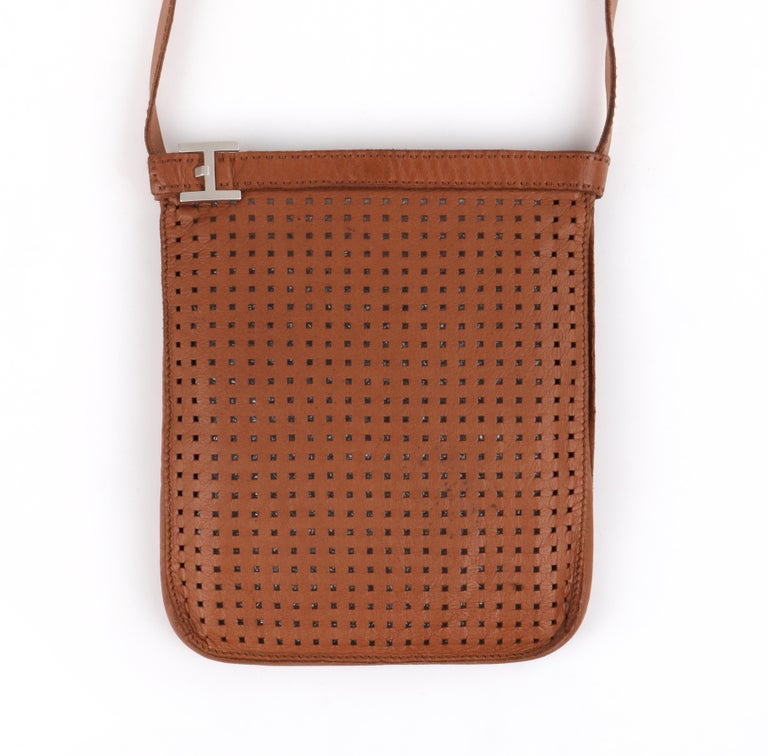 HERMES c.1980&#39;s &quot;Onimaitou&quot; Brown Perforated Leather Crossbody Shoulder Handbag For Sale at 1stdibs
