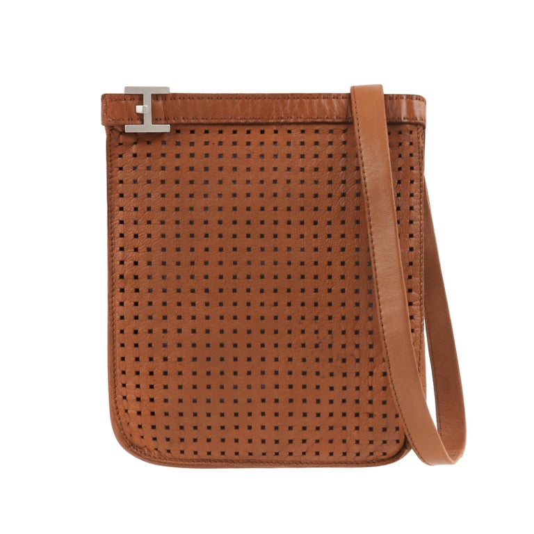 HERMES c.1980&#39;s &quot;Onimaitou&quot; Brown Perforated Leather Crossbody Shoulder Handbag For Sale at 1stdibs