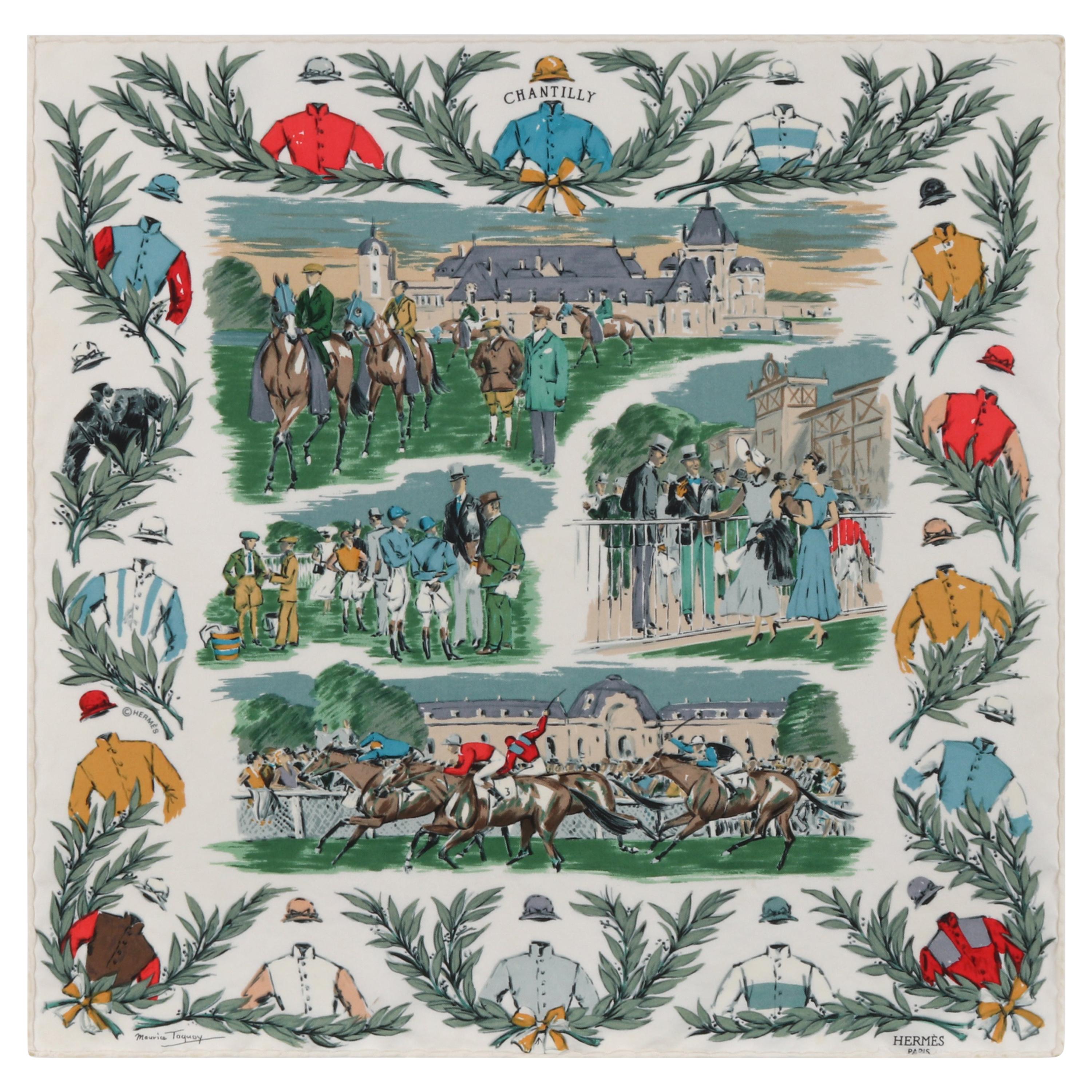 HERMES c.1993 Maurice De Taquoy "Courses a Chantilly" Equestrian Race Silk Scarf