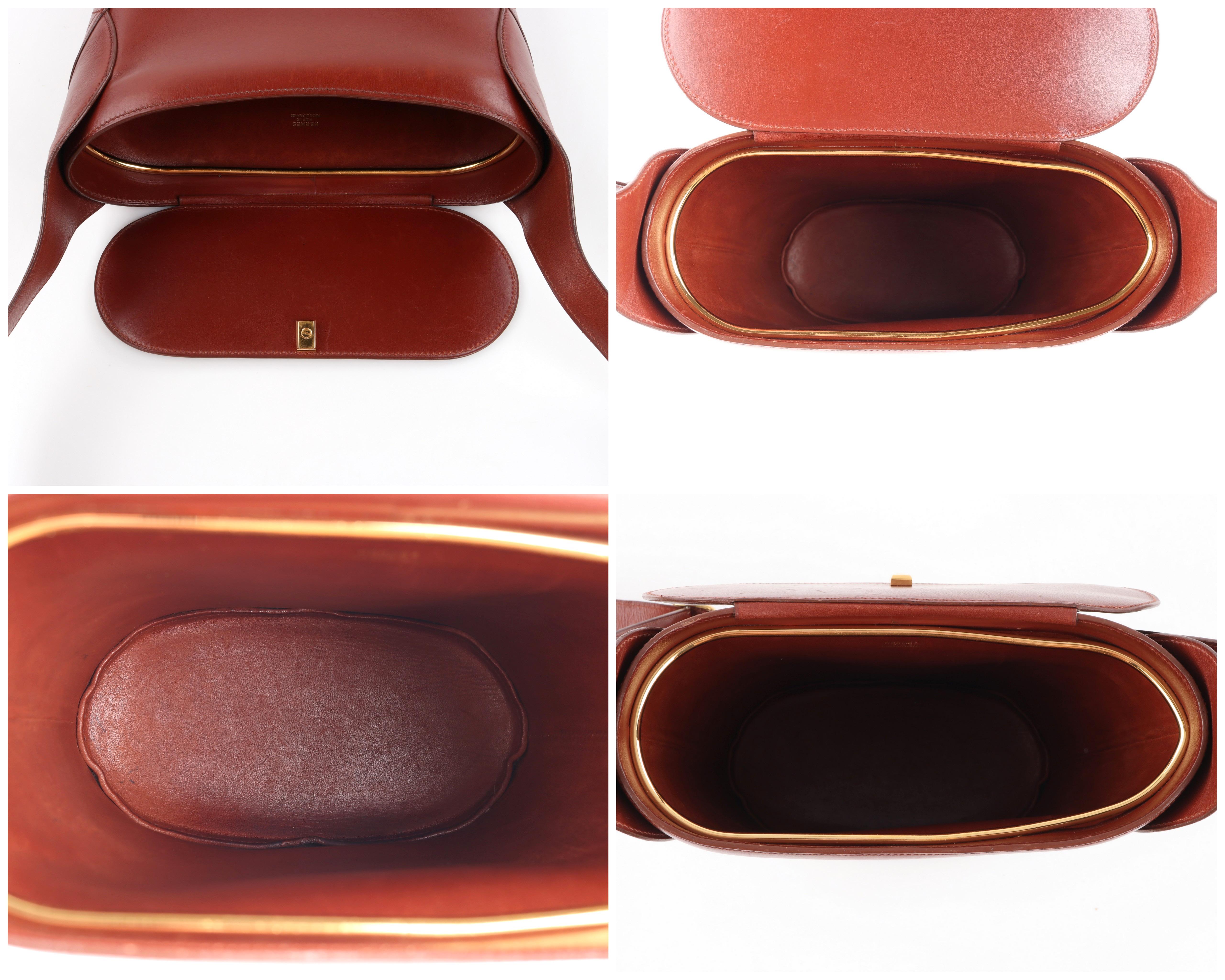 HERMES c.1995 Vtg Brown Leather Buckle Strap Structured Bucket Shoulder Bag For Sale 1