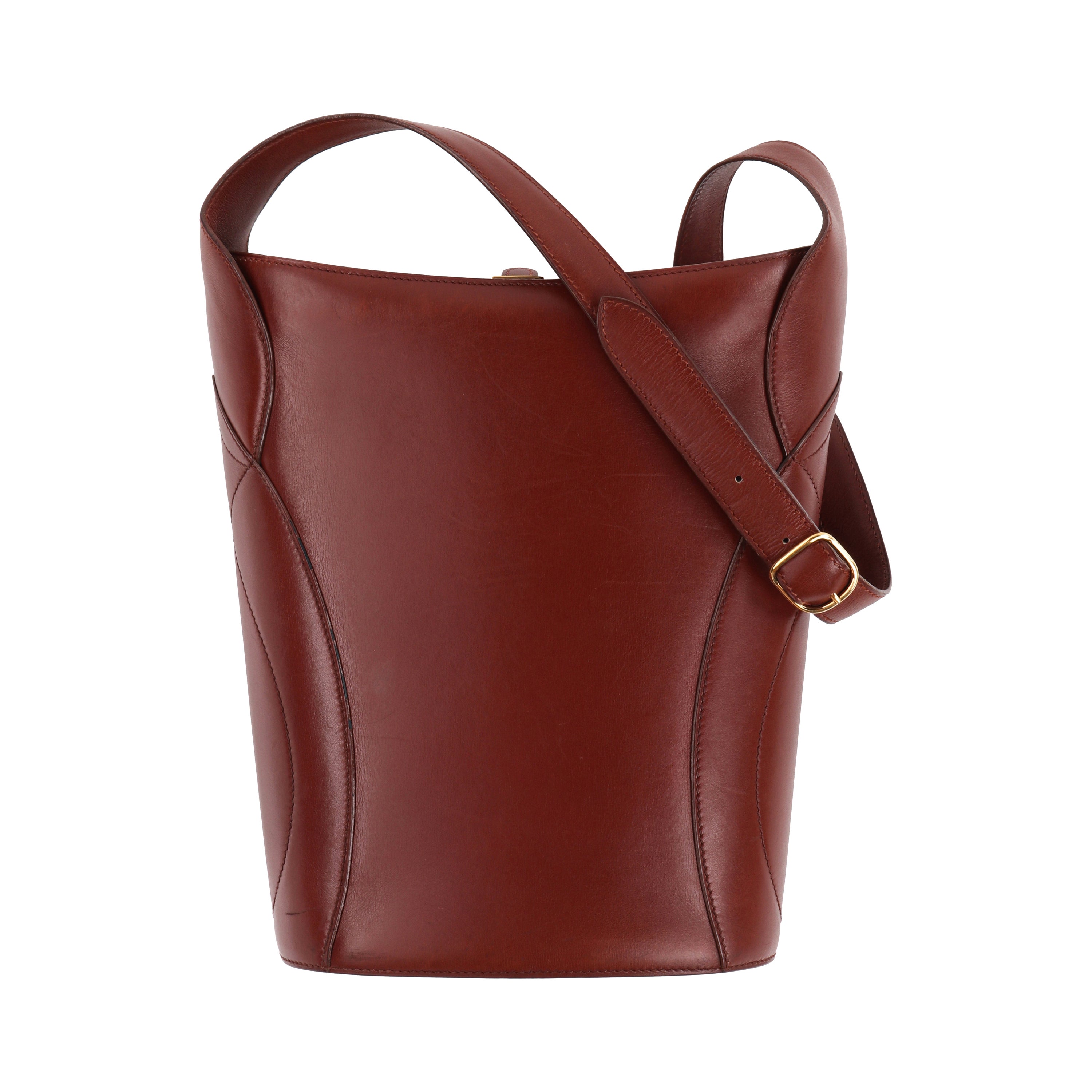 HERMES c.1995 Vtg Marrón Cuero Hebilla Correa Estructurado Bucket Bolso de hombro