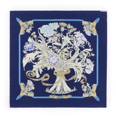 HERMES c.1997 "Regina" Navy Floral Ribbon Royal Bouquet & Belts Silk Twill Scarf