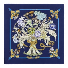 HERMES c.1997 "Regina" Navy Floral Ribbon Royal Bouquet & Belts Silk Twill Scarf