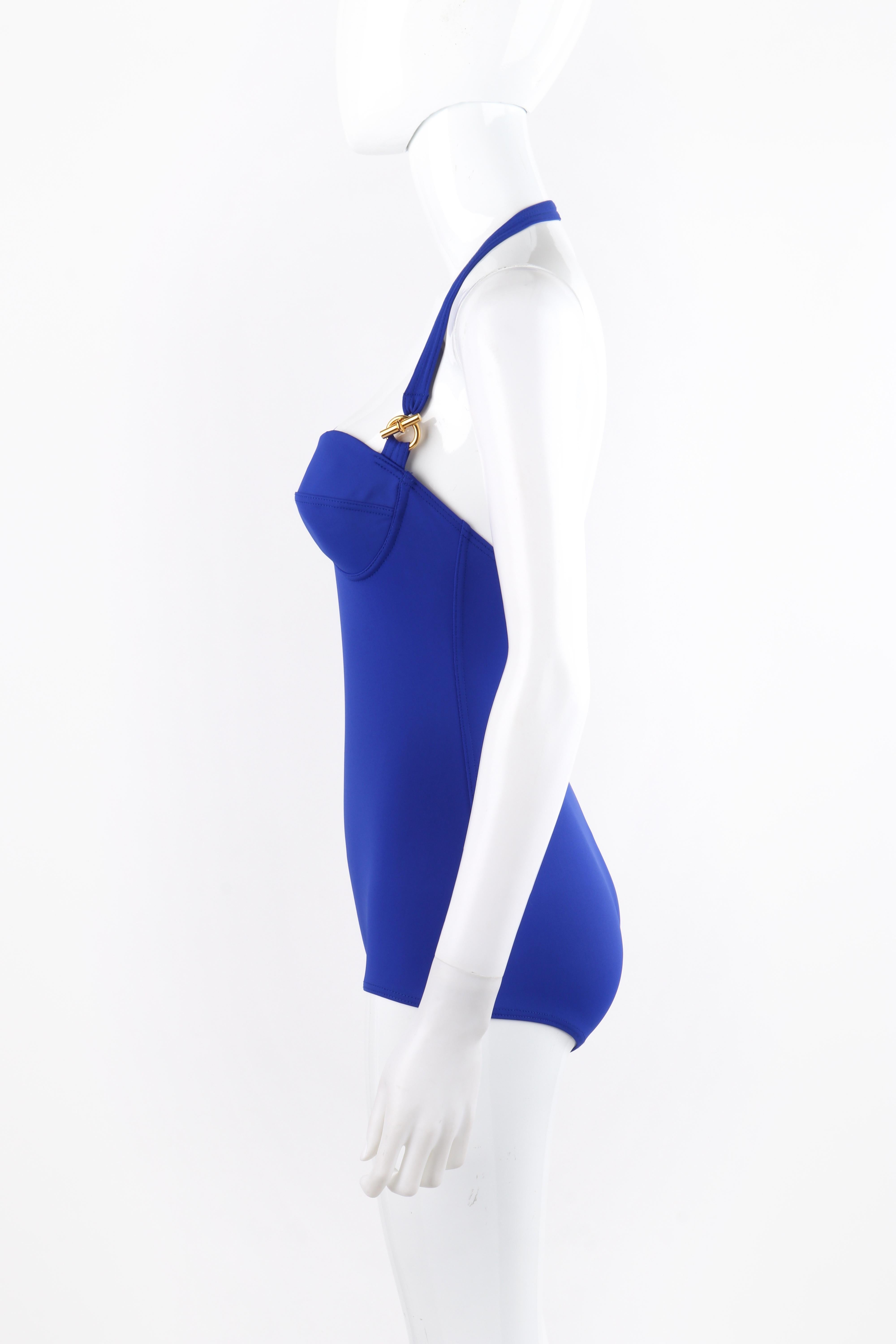 Purple HERMES c.2000’s Blue Gold Toggle Bustier Halter Top One Piece Bathing Swimsuit