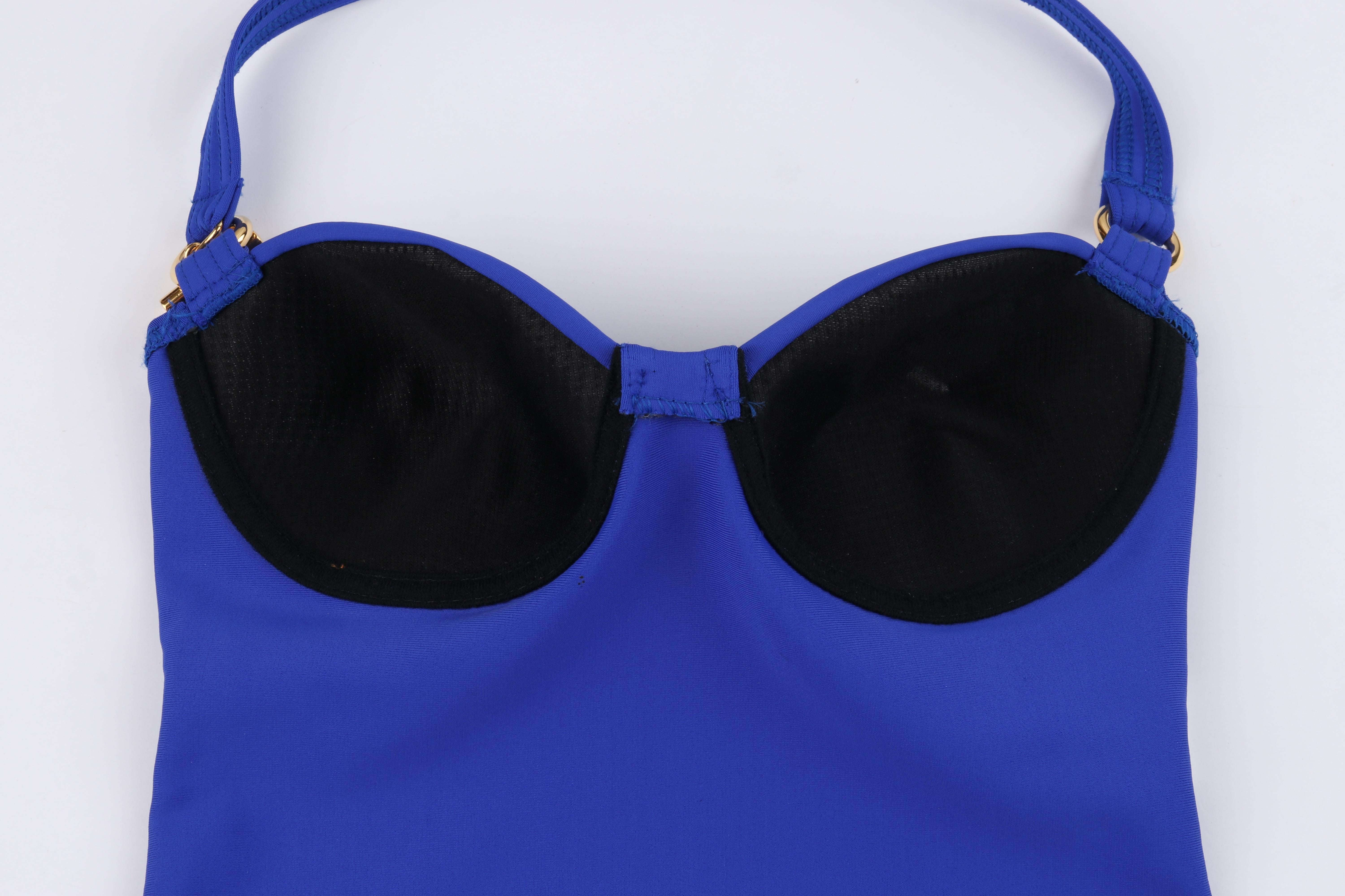 HERMES c.2000’s Blue Gold Toggle Bustier Halter Top One Piece Bathing Swimsuit 1