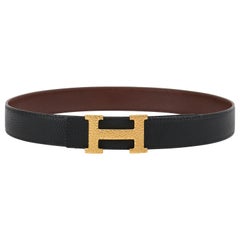 HERMES c.2002 Kit ceinture réversible en cuir brun d'Epsom noir avec boucle H en or 18K