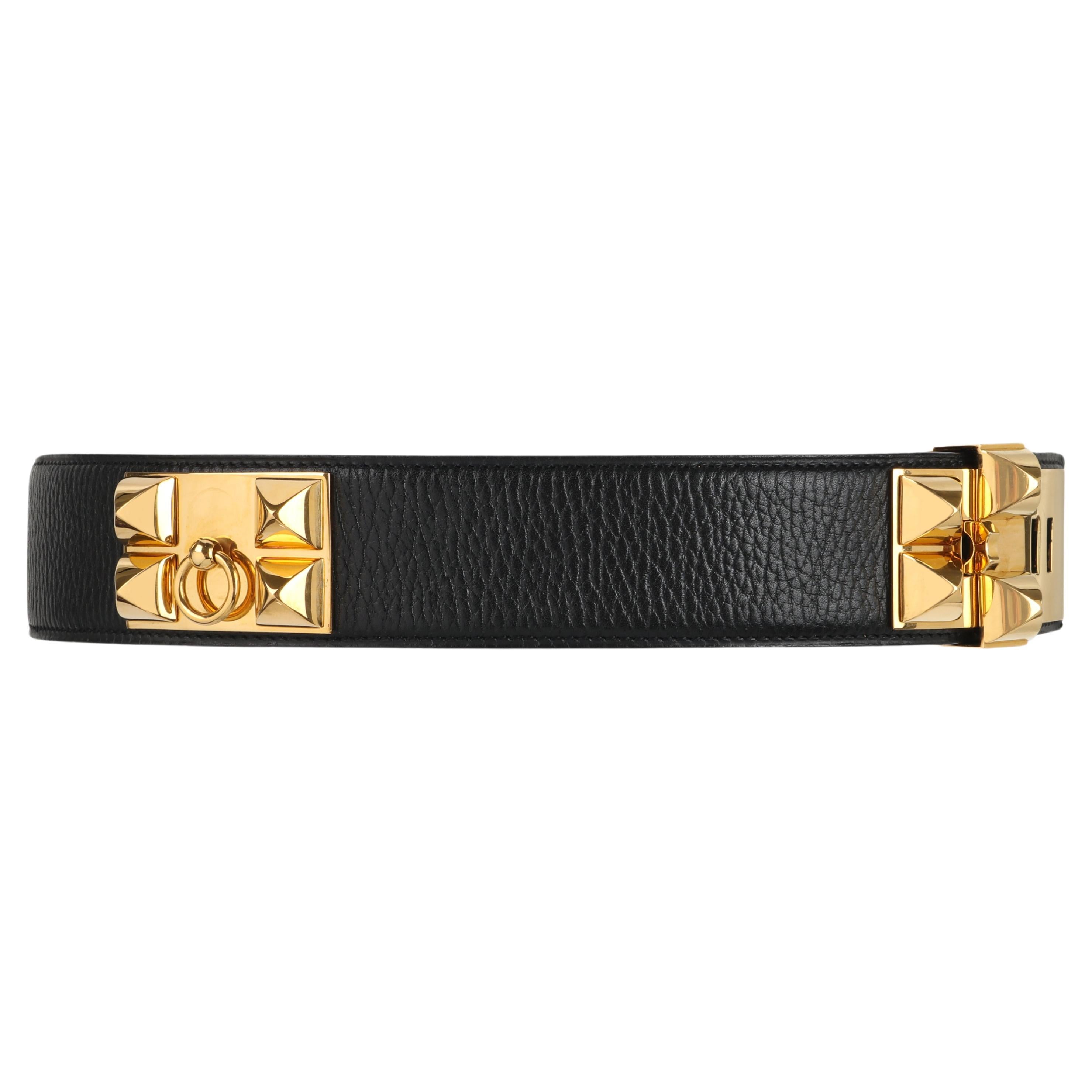 HERMES c.2006 "Collier de Chien" Black Gold Leather Studded Adjustable Belt For Sale