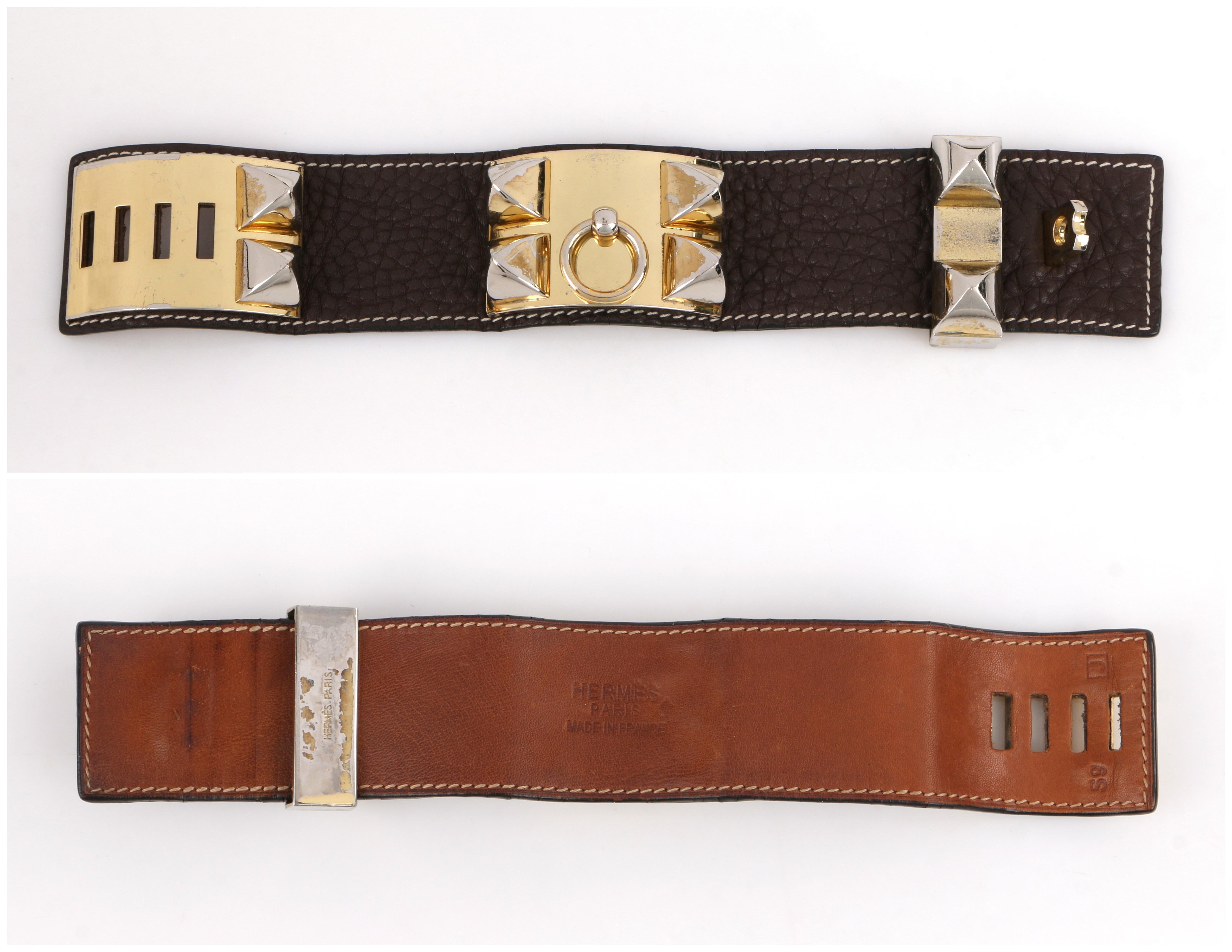 HERMES c.2006 “Collier de Chien” Dark Brown Clemence Leather Stud Cuff Bracelet In Fair Condition In Thiensville, WI