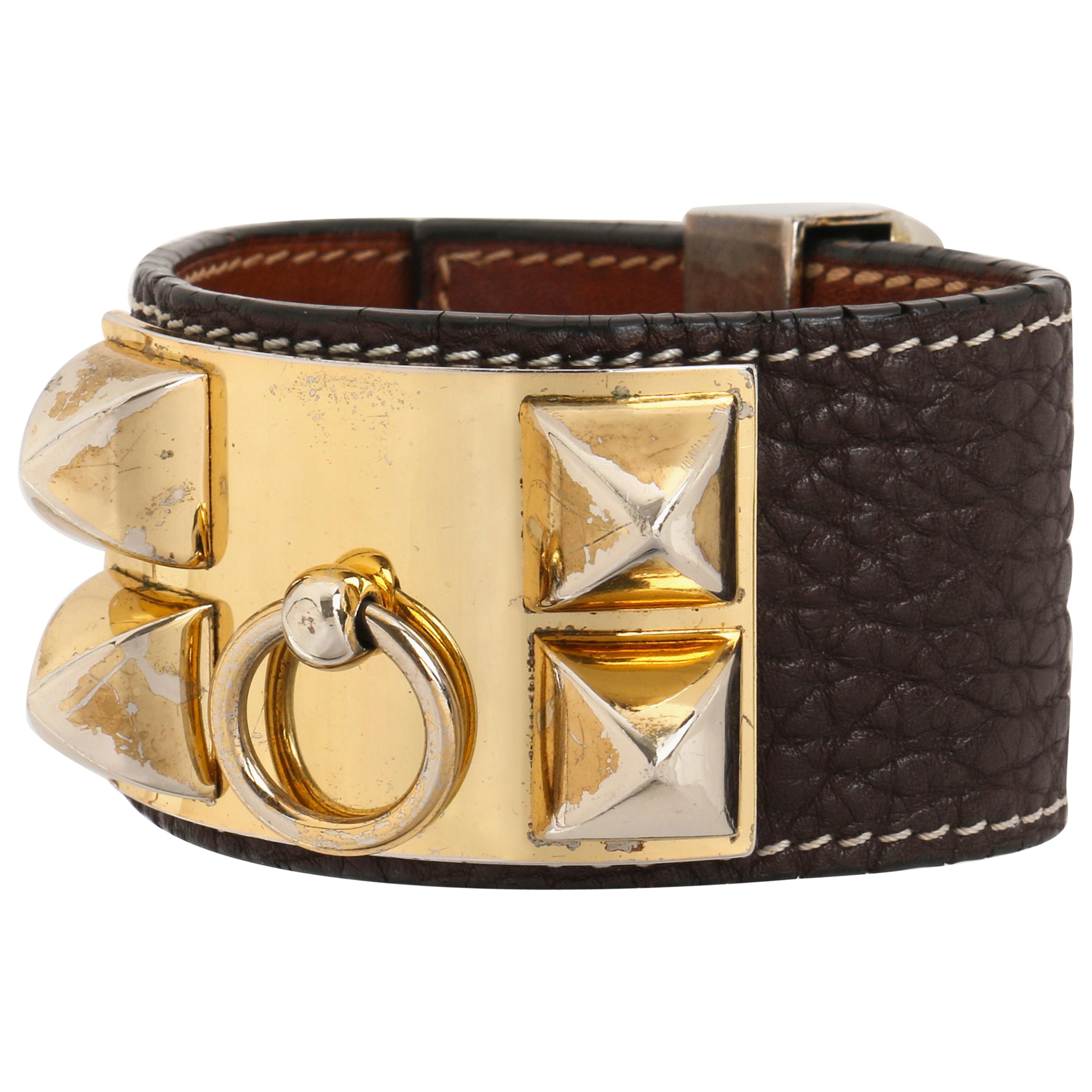 HERMES c.2006 “Collier de Chien” Dark Brown Clemence Leather Stud Cuff  Bracelet