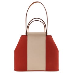HERMES "CABAG ELAN PM" Brique Toile Canvas Leather Tote Bag Satchel