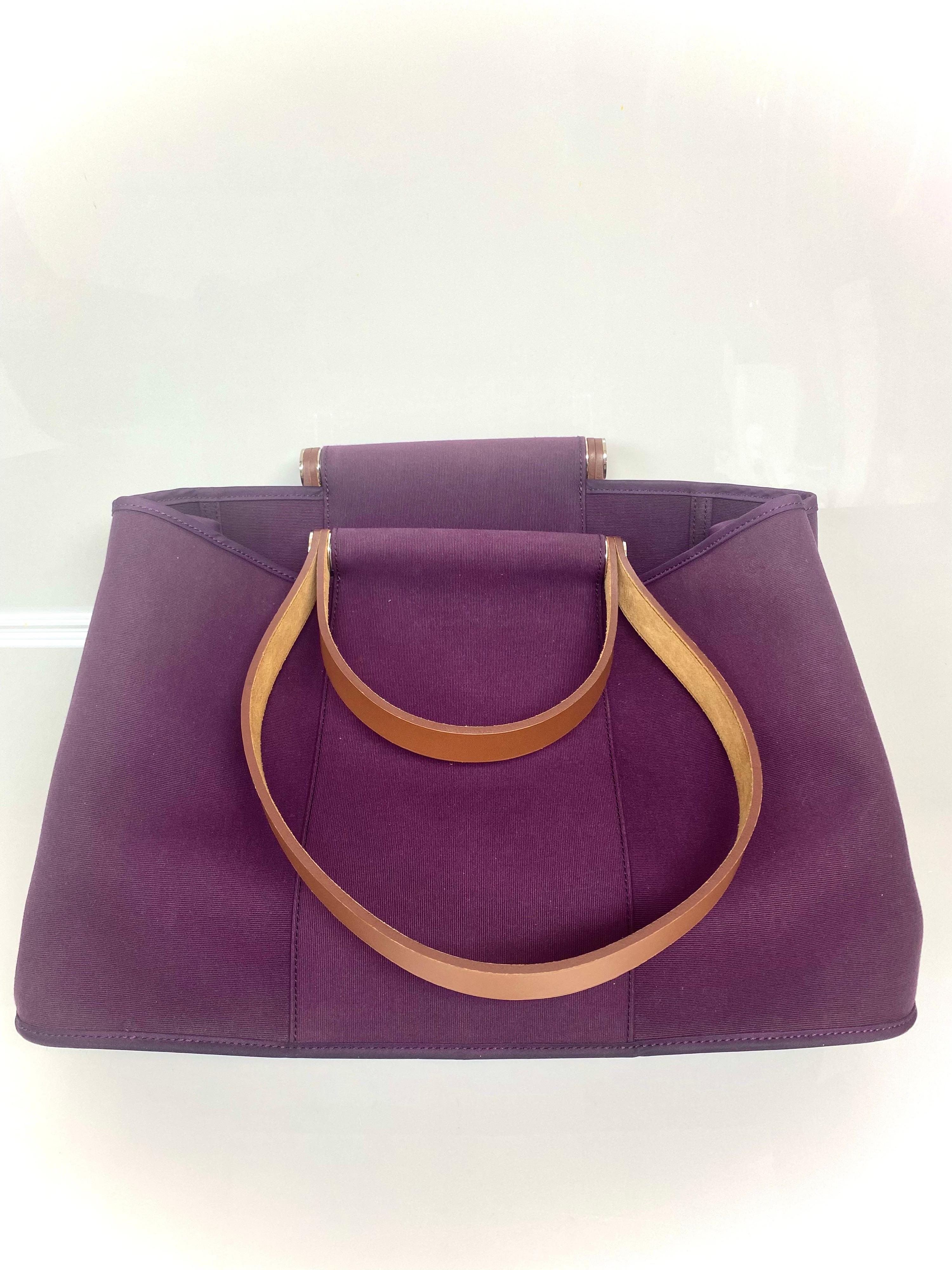 Gray Hermes Cabag Purple Canvas Tote w/ Shoulder Bag For Sale