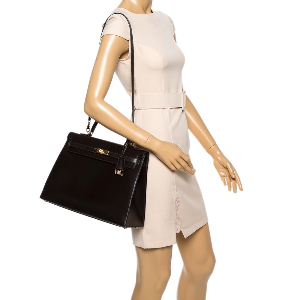 Black Hermes Cacao Box Calf Leather Gold Hardware Kelly Sellier 35 Bag