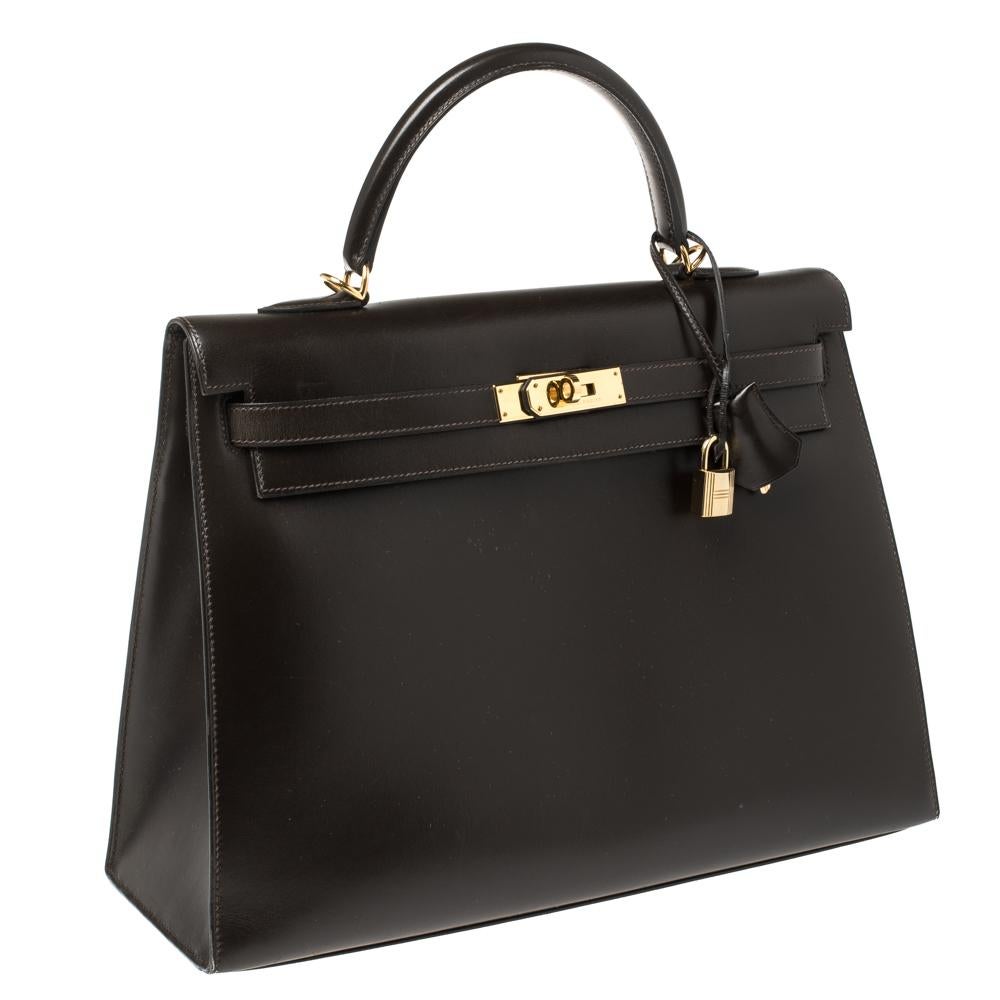 Hermes Cacao Box Calf Leather Gold Hardware Kelly Sellier 35 Bag In Good Condition In Dubai, Al Qouz 2