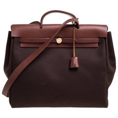 Sac Hermes Herbag Zip 39 en toile cacao et cuir naturel