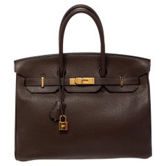 Hermès Cacao Taurillon Clemence Cuir Plaqué Or Sac Birkin 35