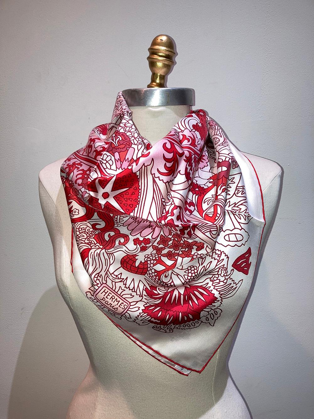 NWT Hermes Cache Cache Fleur Scarf 90 Blanc Rouge Rose For Sale 1