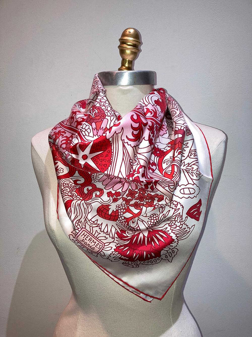 NWT Hermes Cache Cache Fleur Sciarpa 90 Blanc Rouge Rose 1