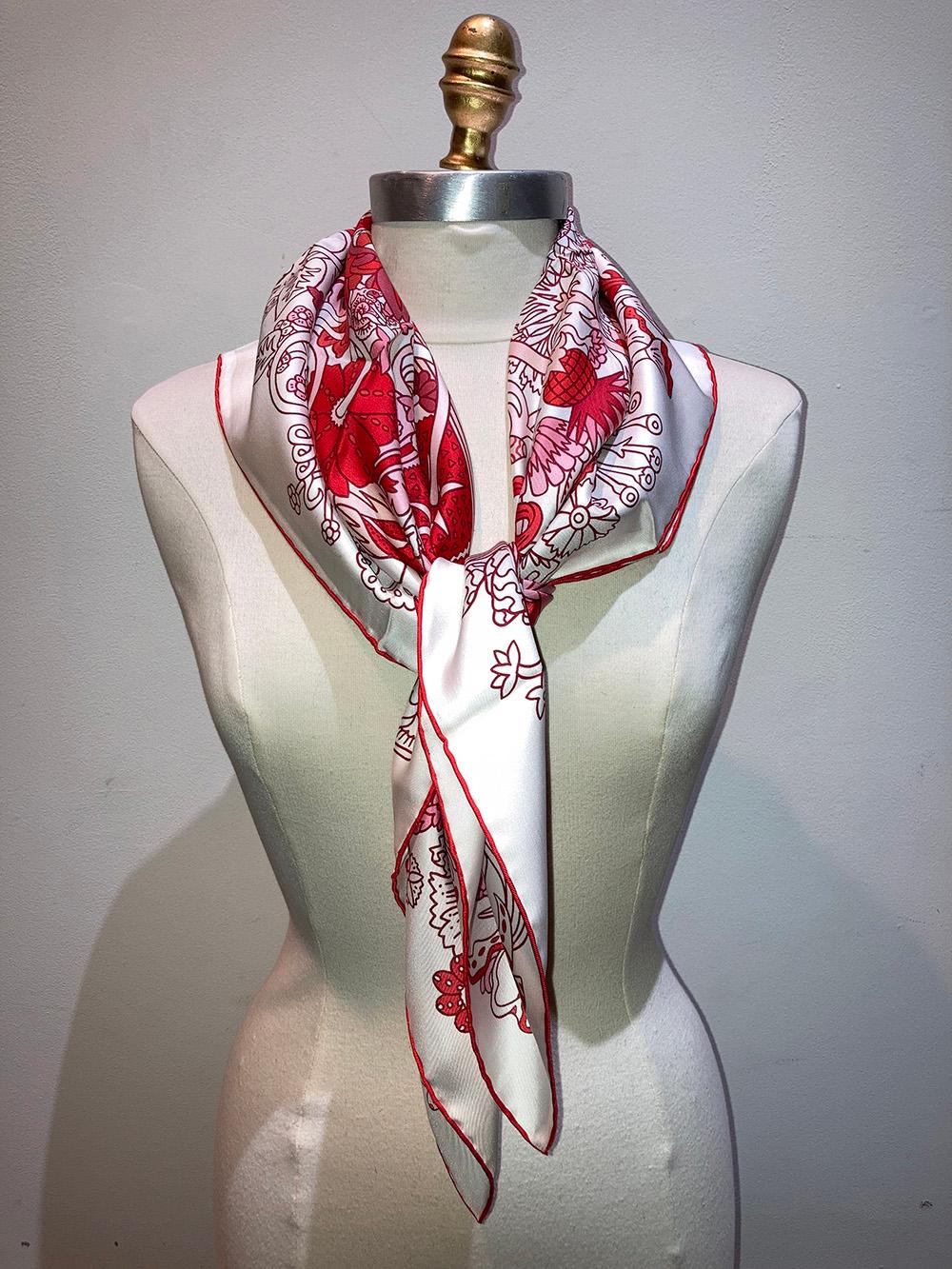 NWT Hermes Cache Cache Fleur Sciarpa 90 Blanc Rouge Rose 2