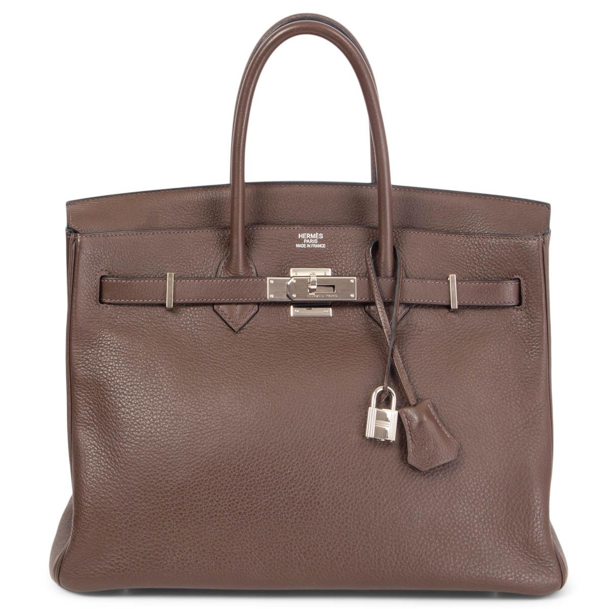 Gray HERMES Cafe brown Clemence leather BIRKIN 35 Bag Palladium