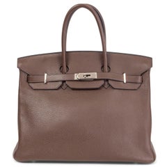 HERMES Cafe brown Clemence leather BIRKIN 35 Bag Palladium