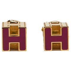 Hermès Cage d'H Gold Plated Pink Lacquer Stud Earrings