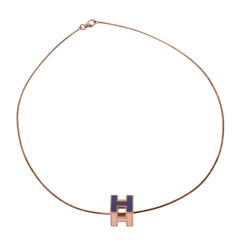 Hermes Cage d'H Purple Enamel Rose Gold Plated Pendant Necklace In Good Condition In Dubai, Al Qouz 2