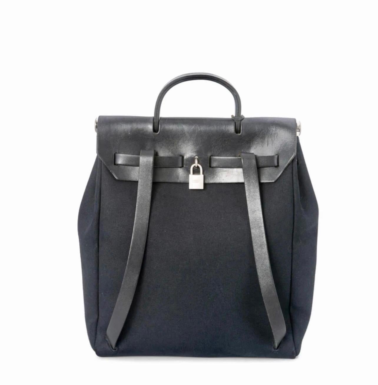HERMES Calf Leather  Her Bag Backpack Black, Pre Loved 6