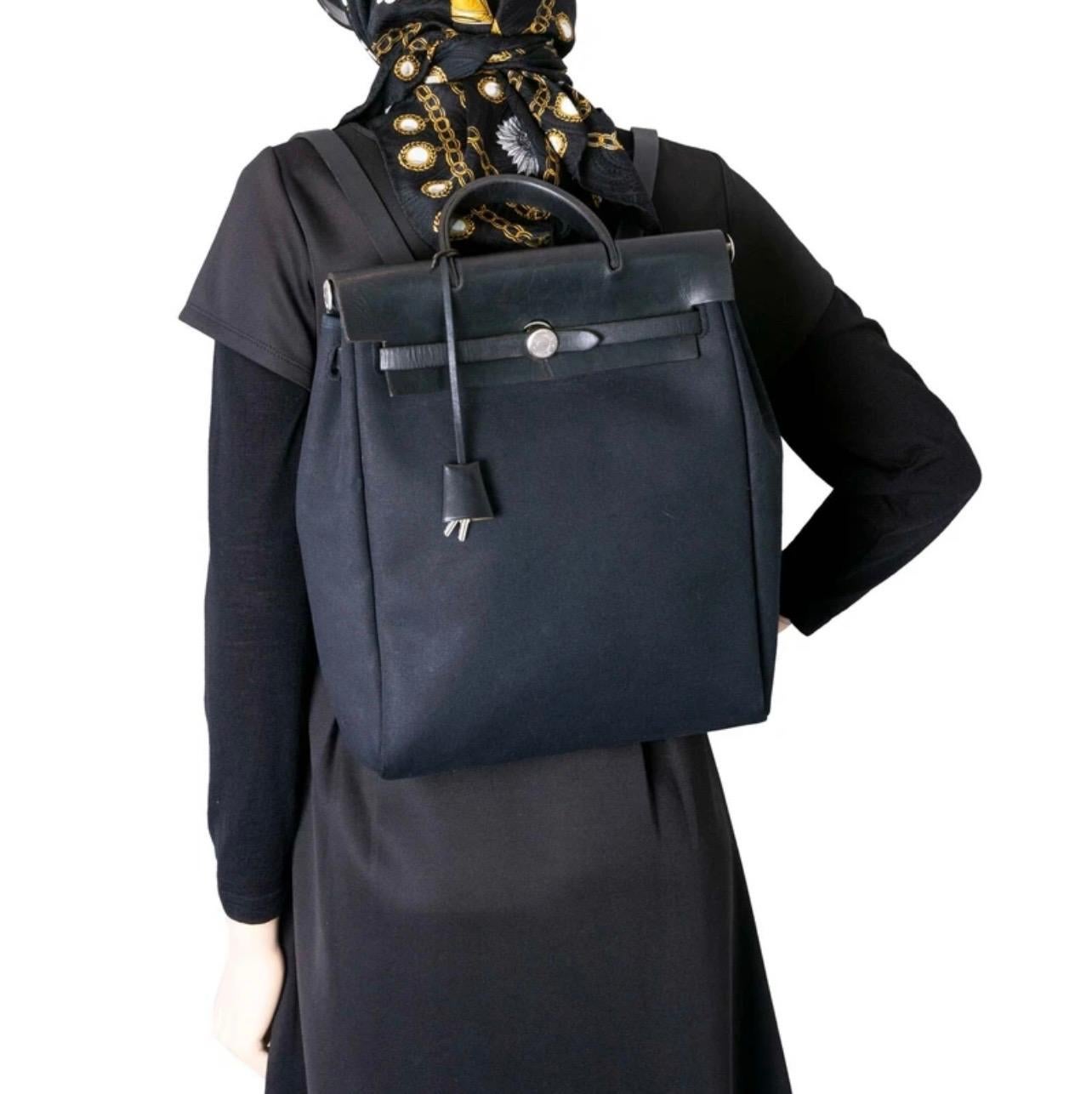 HERMES Calf Leather  Her Bag Backpack Black, Pre Loved 7