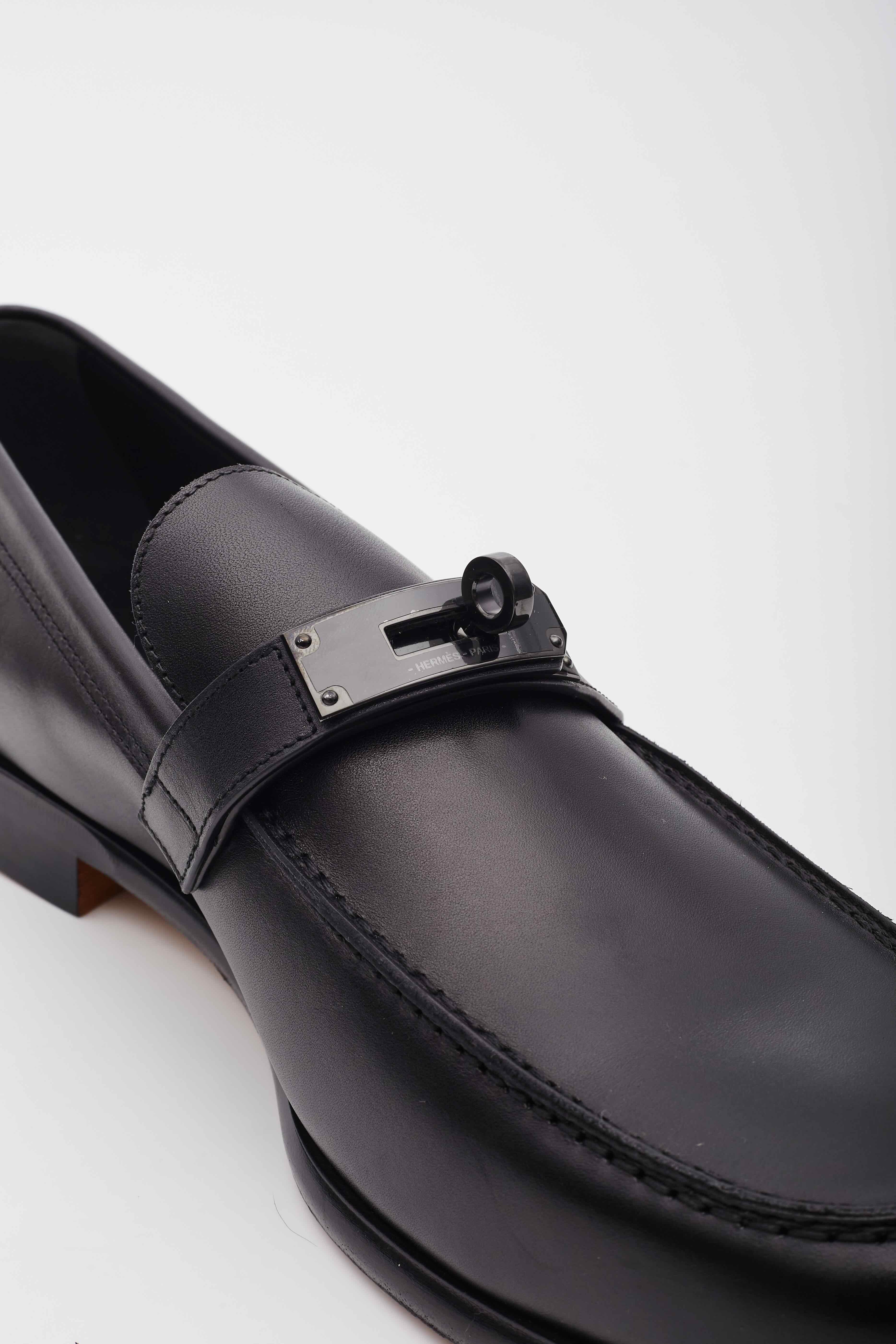 Hermes Calfskin Black Plated Kelly Buckle Destin Loafers (EU 44) For Sale 7