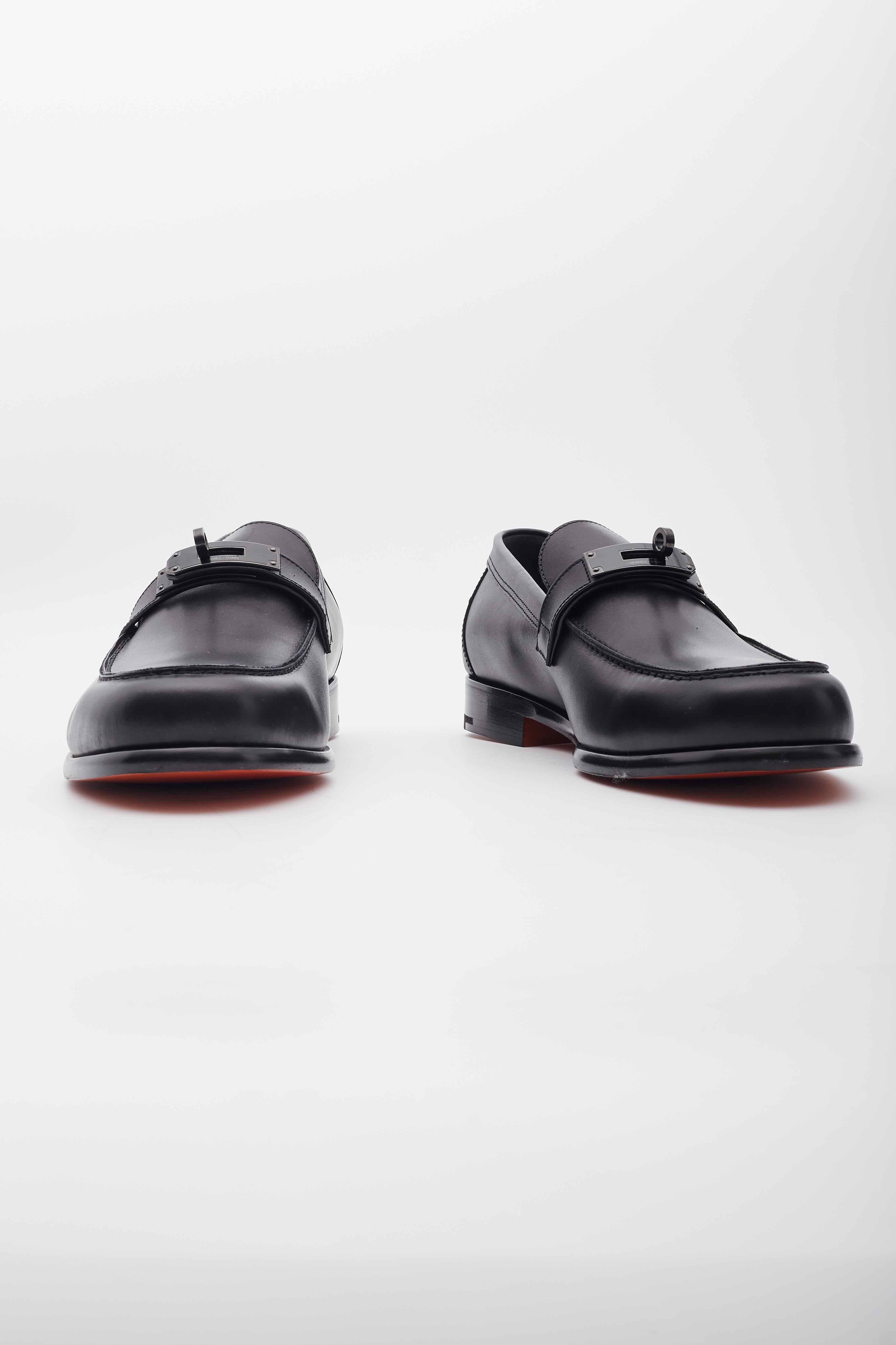 Hermes Calfskin Black Plated Kelly Buckle Destin Loafers (EU 44) For Sale 3