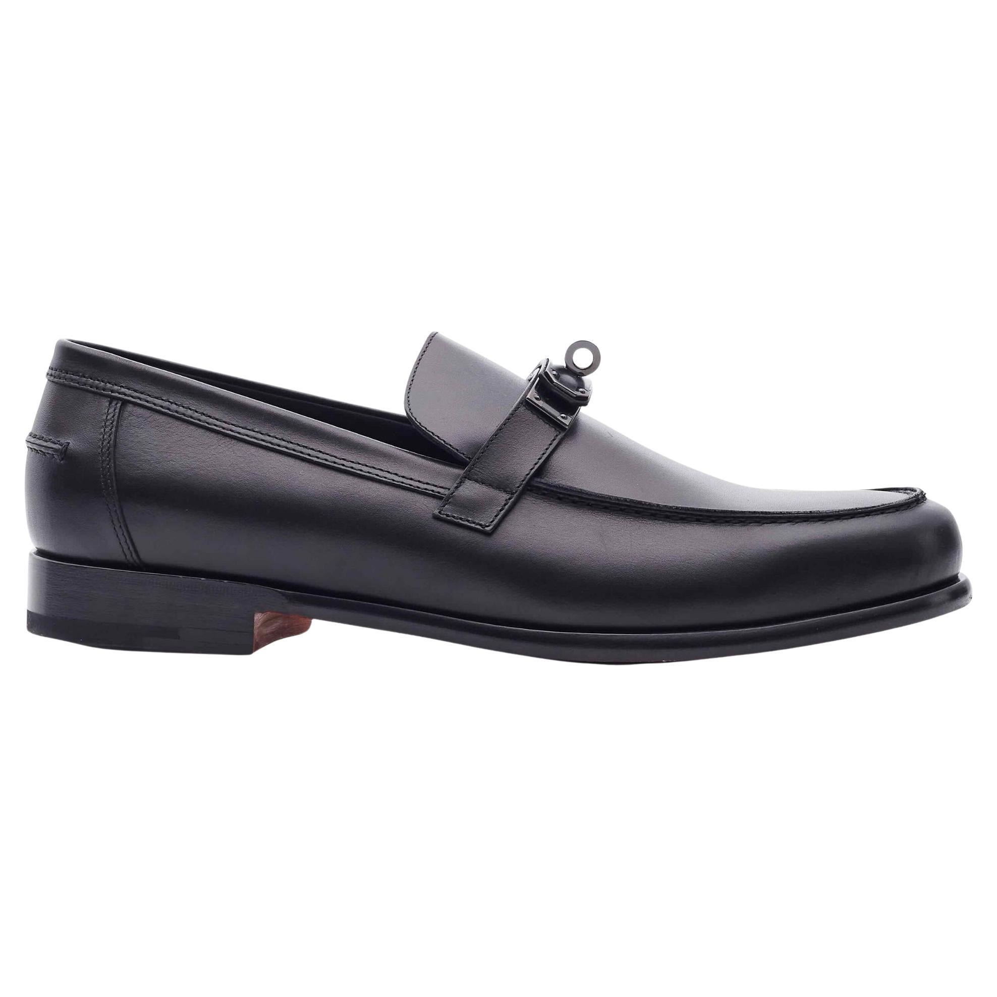 Hermes Calfskin Black Plated Kelly Buckle Destin Loafers (EU 44) For Sale