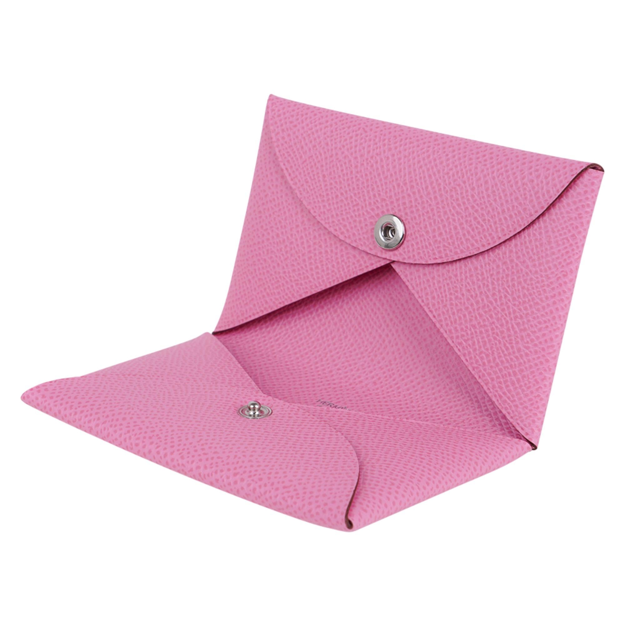 Guaranteed authentic Hermes Calvi card holder featured in coveted 5P Pink.
Epsom leather with Palladium snap closure.
The card holder has 2 slots for business/credit cards.
Comes with signature Hermes box.
New or Store Fresh Condition. 
final