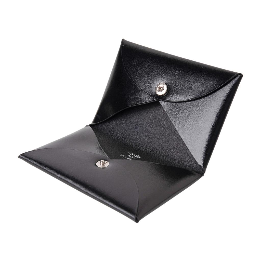 Hermes Calvi Card Holder Noir Box Leather Rare In New Condition In Miami, FL