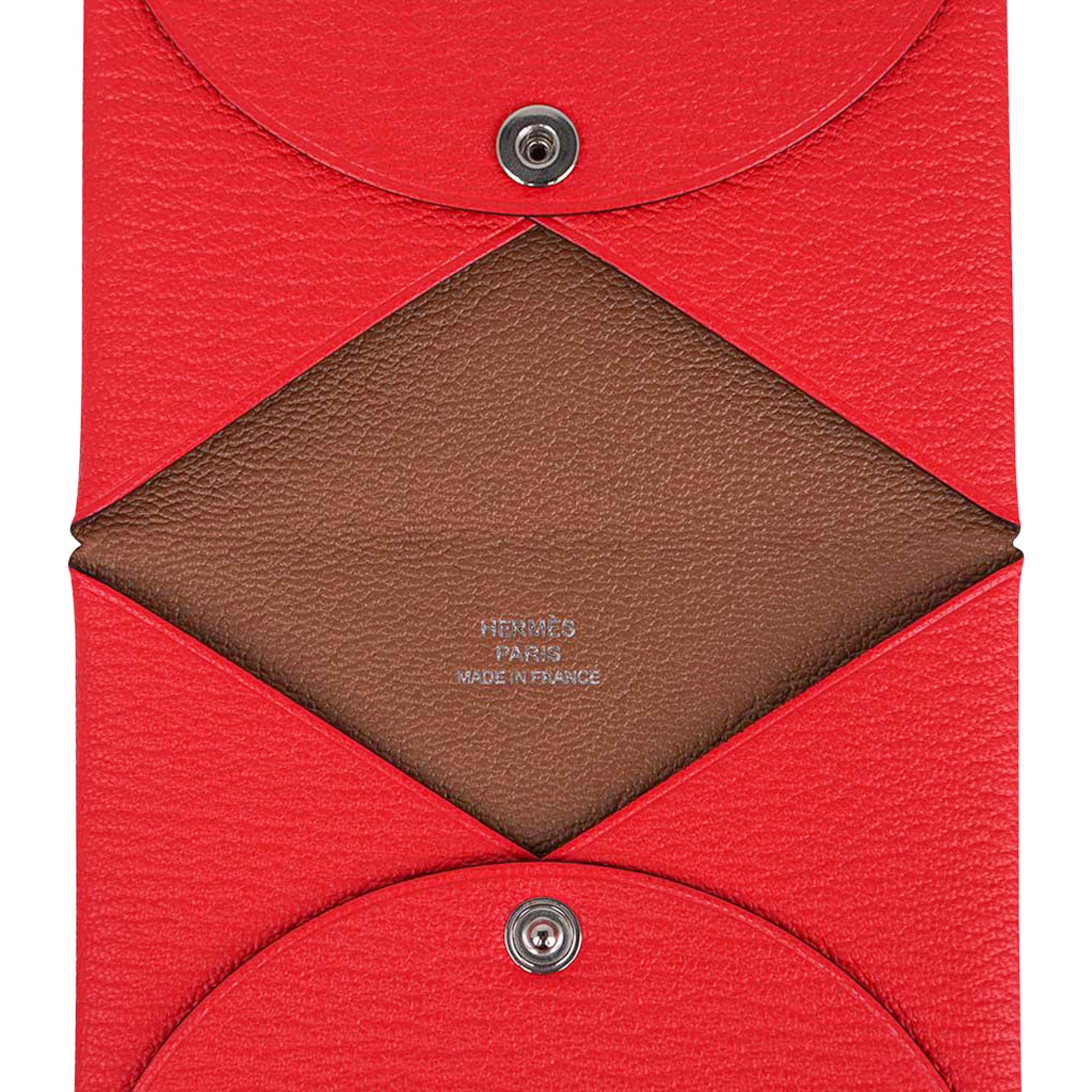 Red Hermes Calvi Card Holder Rose Texas / Quebracho Verso Chevre New