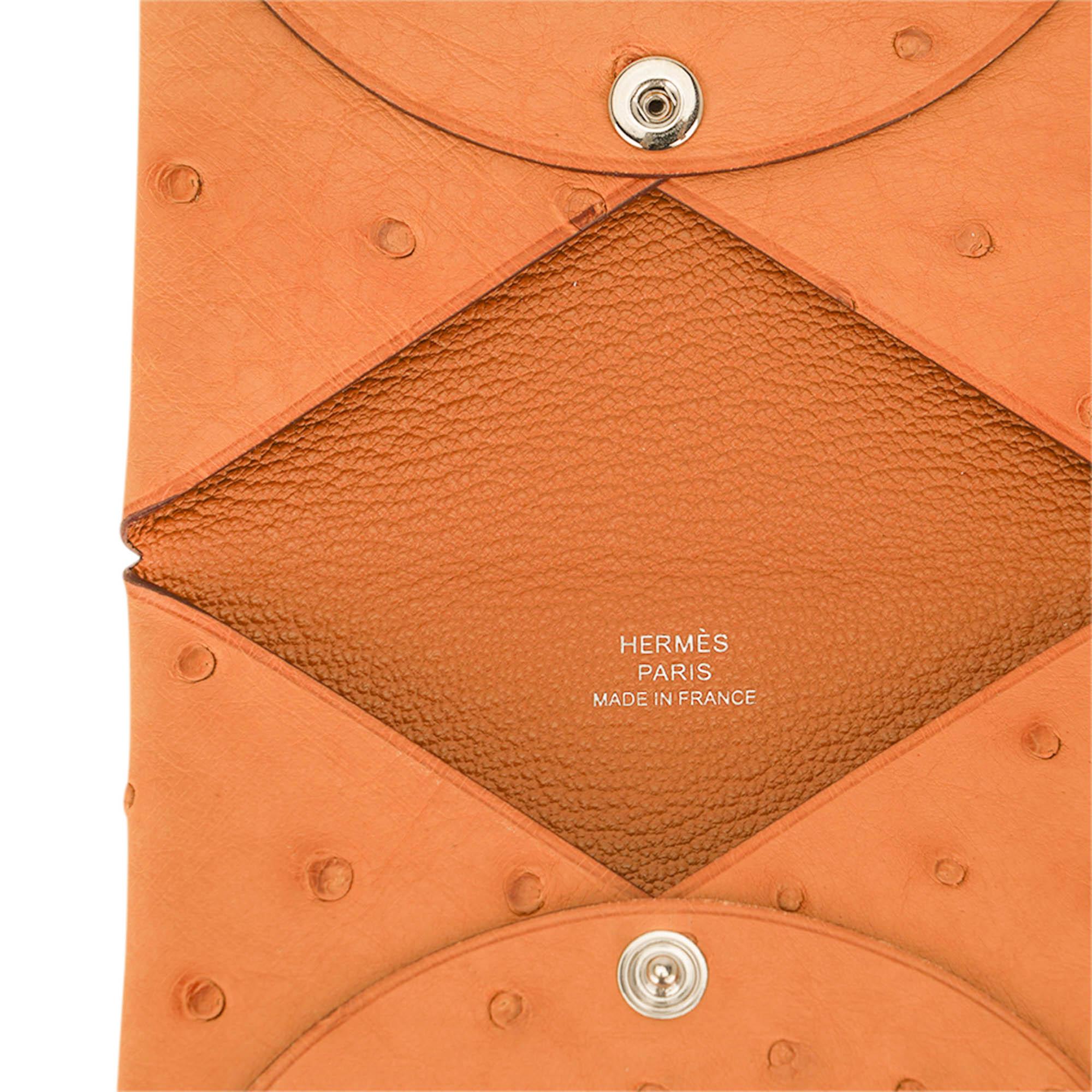 Orange Hermes Calvi Card Holder Saffron Ostrich