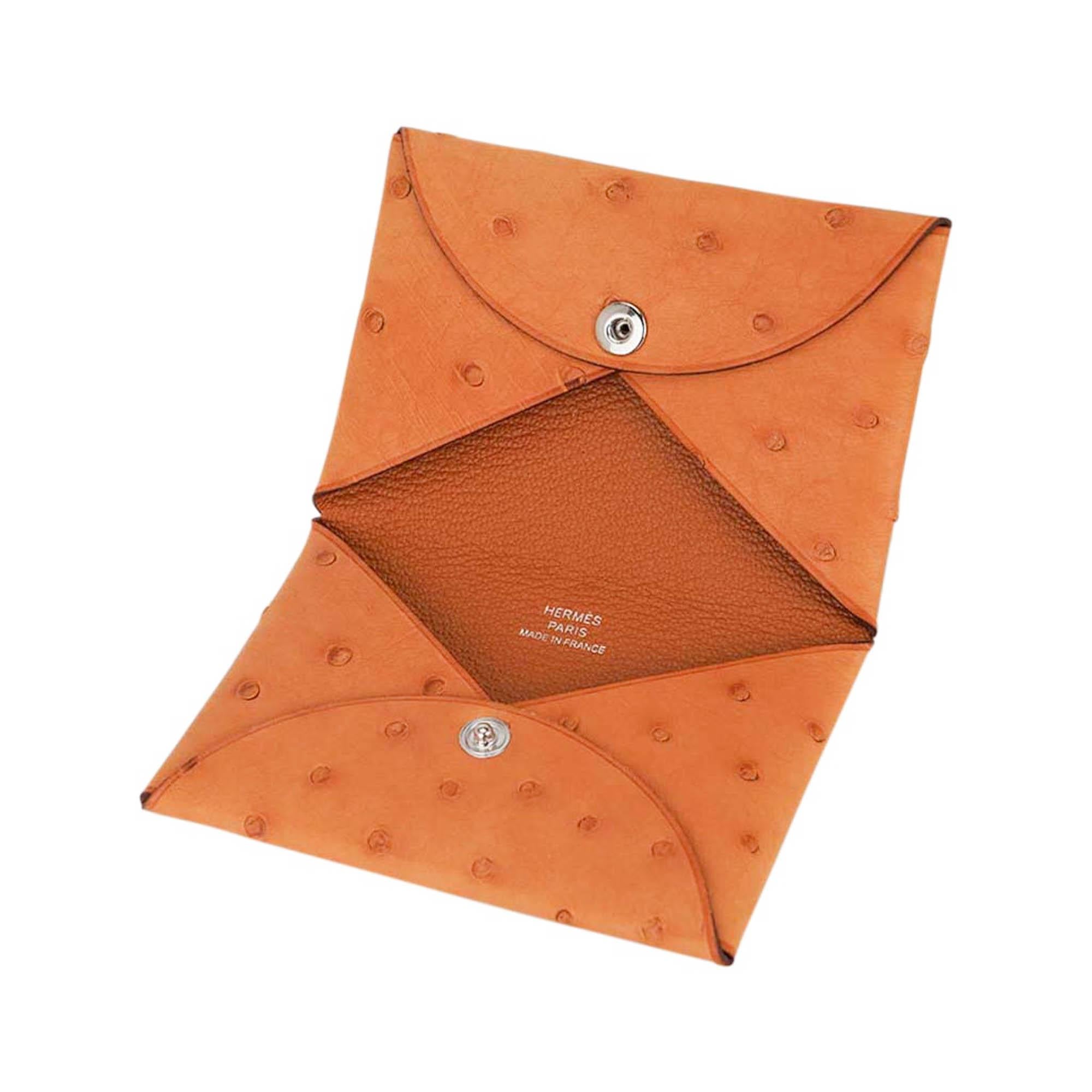 Women's or Men's Hermes Calvi Card Holder Saffron Ostrich