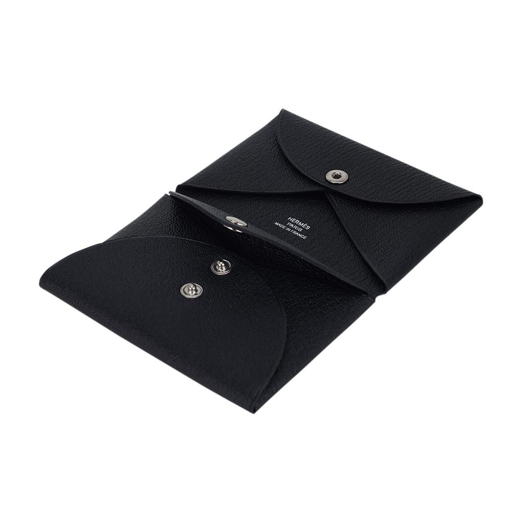 Women's or Men's Hermes Calvi Duo Card Holder Black Chevre Leather
