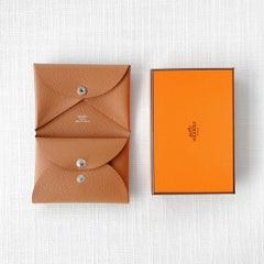 Hermes Calvi Duo Card Holder In Gold, Brown Epsom Leather, Brand New