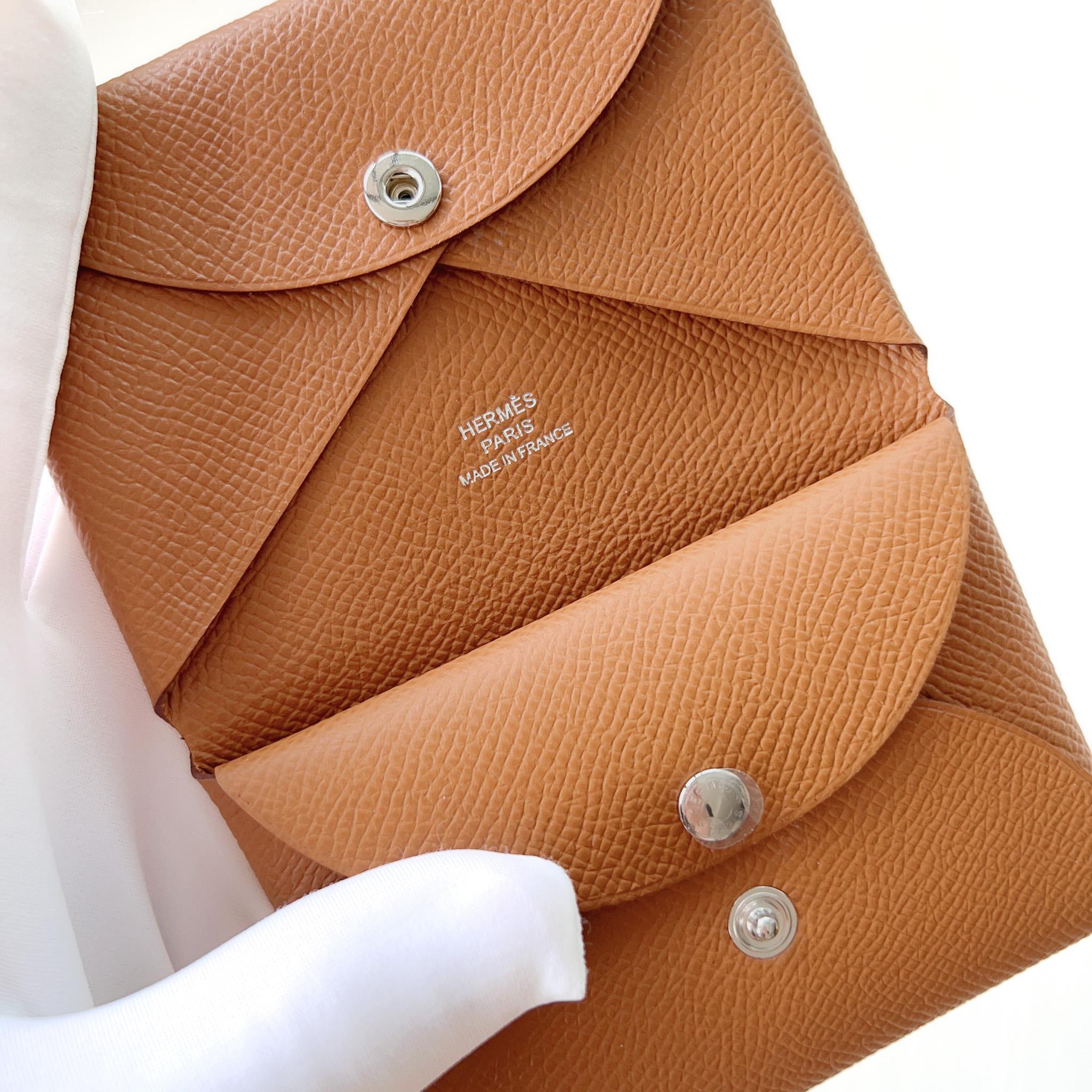 Women's Hermes Calvi Duo Card Holder In Gold, Brown Epsom Leather, Brand New For Sale