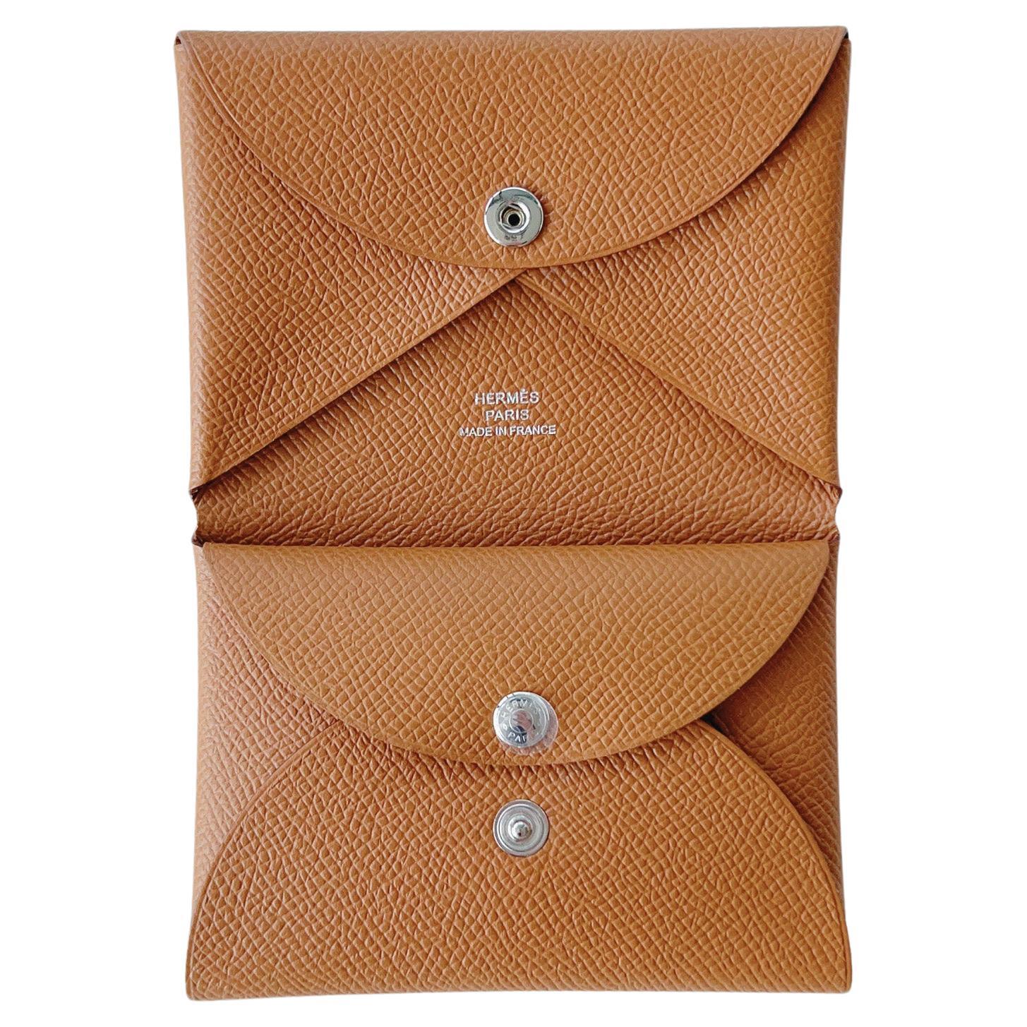 Hermes Calvi Duo Card Holder in Gold, Brown Epsom Leather, Brand New