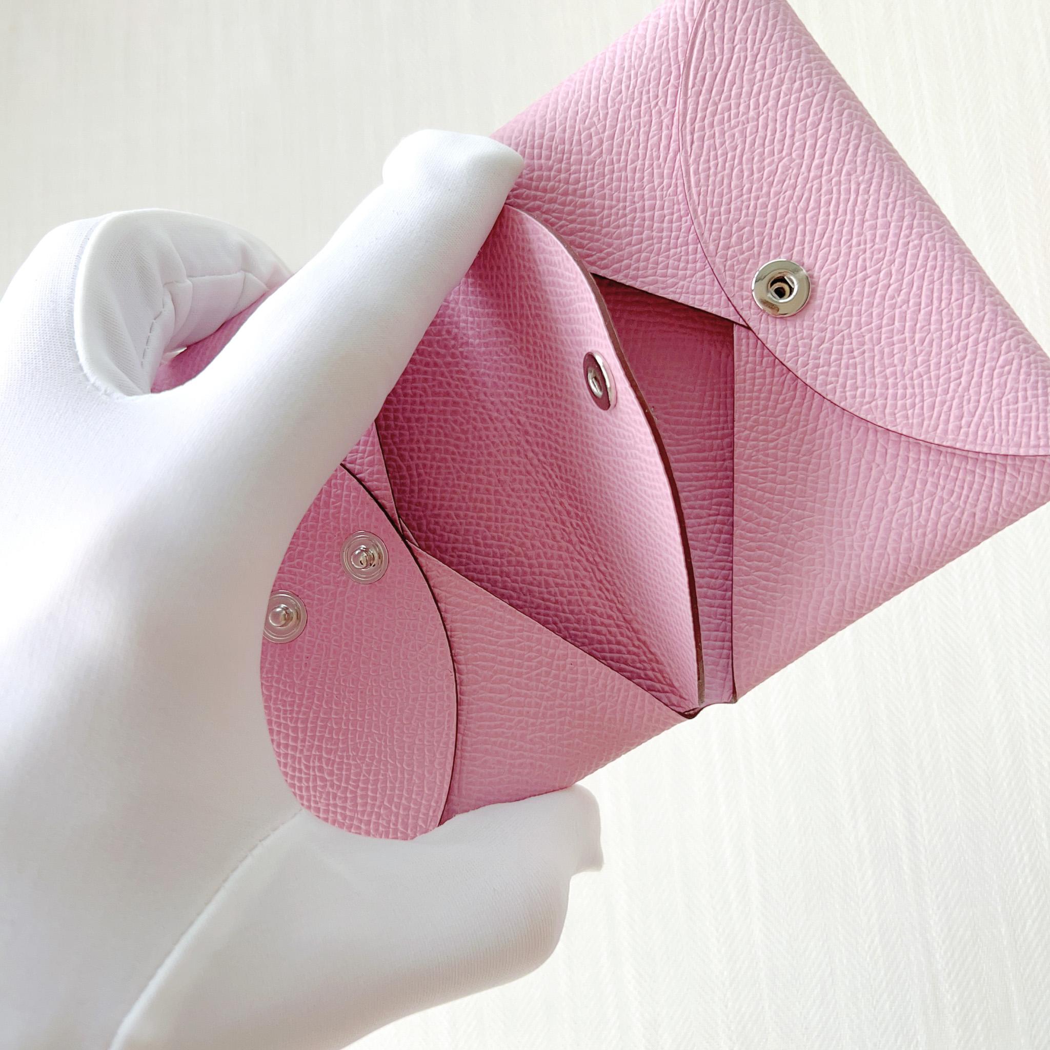 Women's Hermes Calvi Duo Card Holder In Mauve Sylvestre, Pink Epsom Leather, Brand New