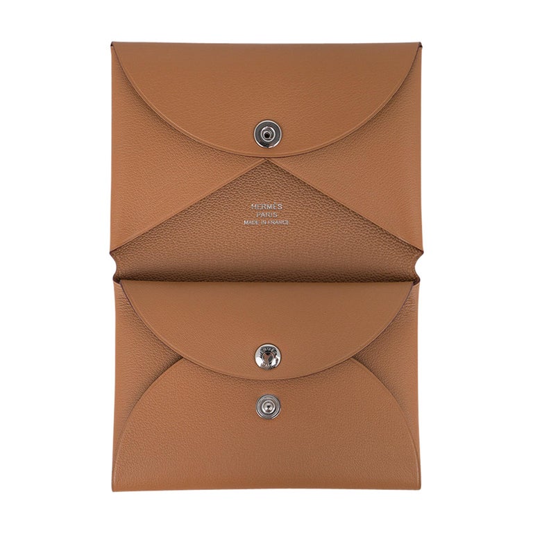 Hermes Calvi Duo Card Holder Trefle Biscuit / Blanc Swift Leather New w