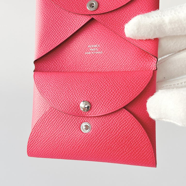 Hermes Calvi Duo Compact Card Holder In Rose Extreme Epsom Leather For